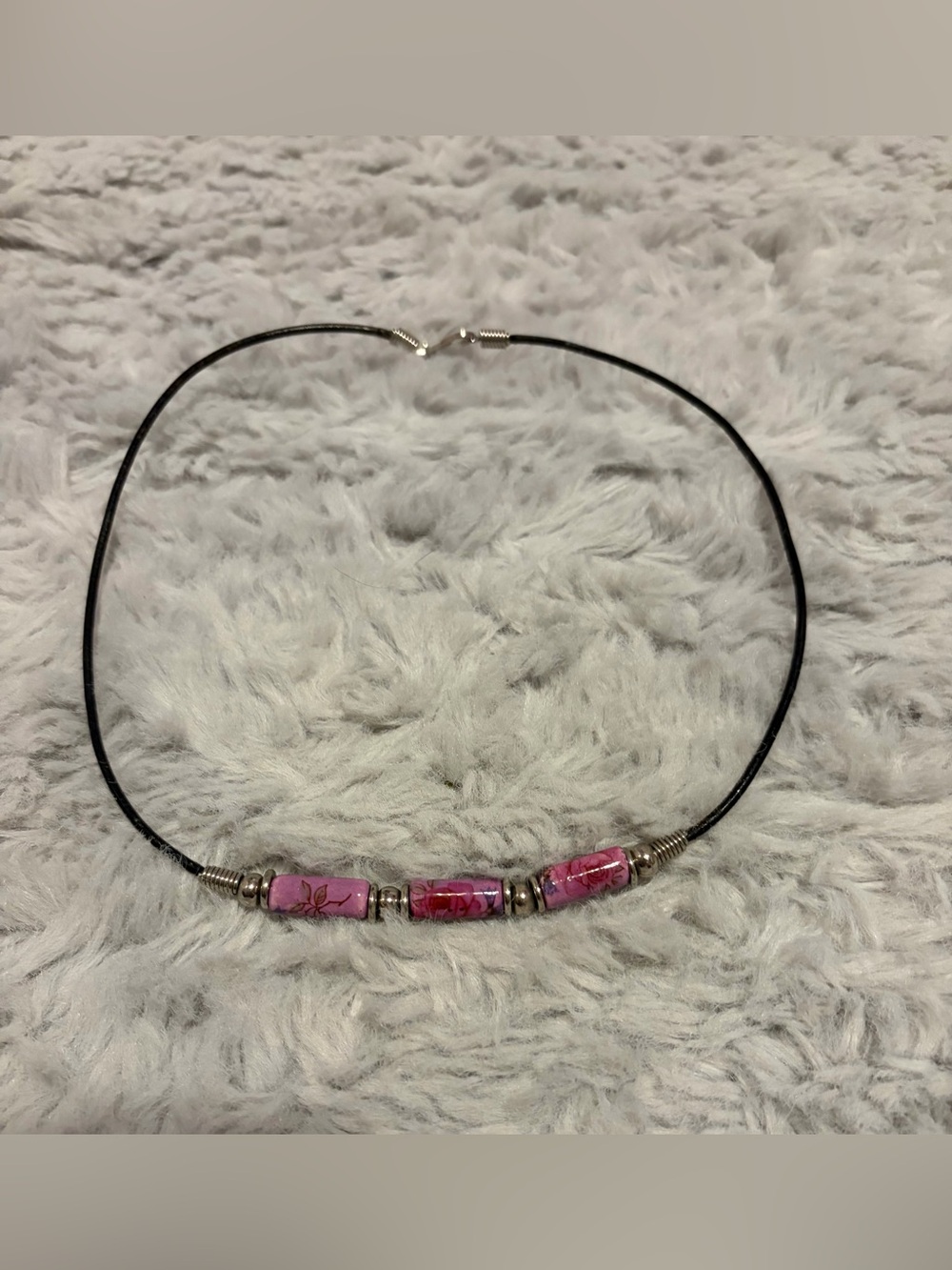 Vintage Purple Floral Beaded Black Cord Necklace